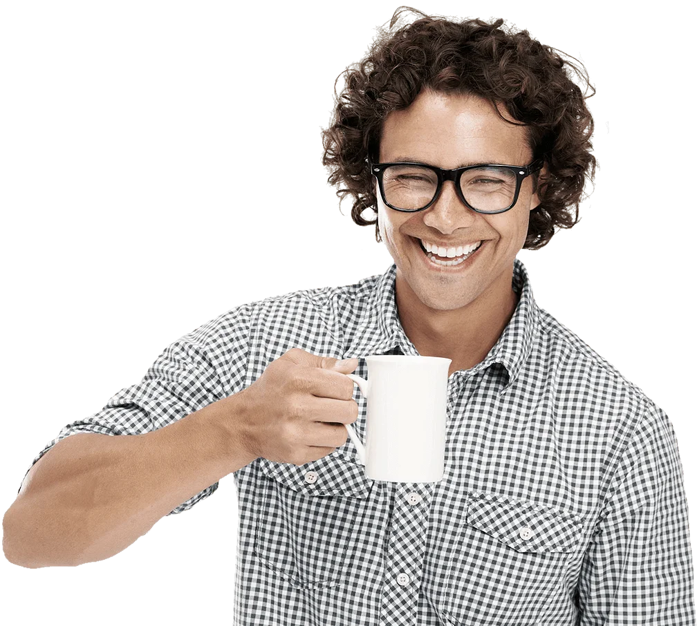 man smiling with cup transparent image